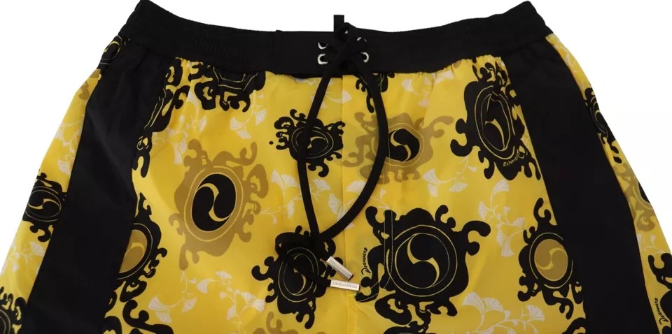 Dsquared² Yellow Black Printed Nylon Beachwear Shorts Swimwear - Image 3