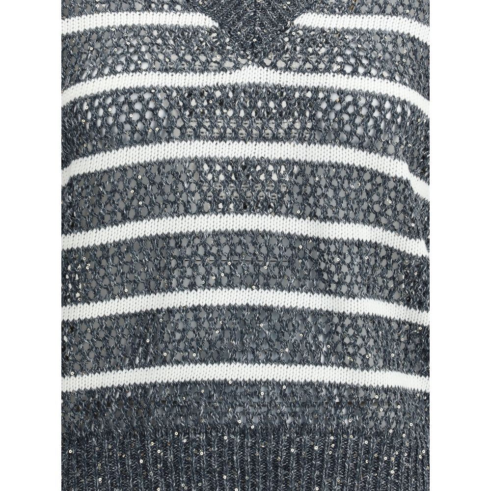 Brunello Cucinelli Blue Linen Sleeveles Sweater - Image 3