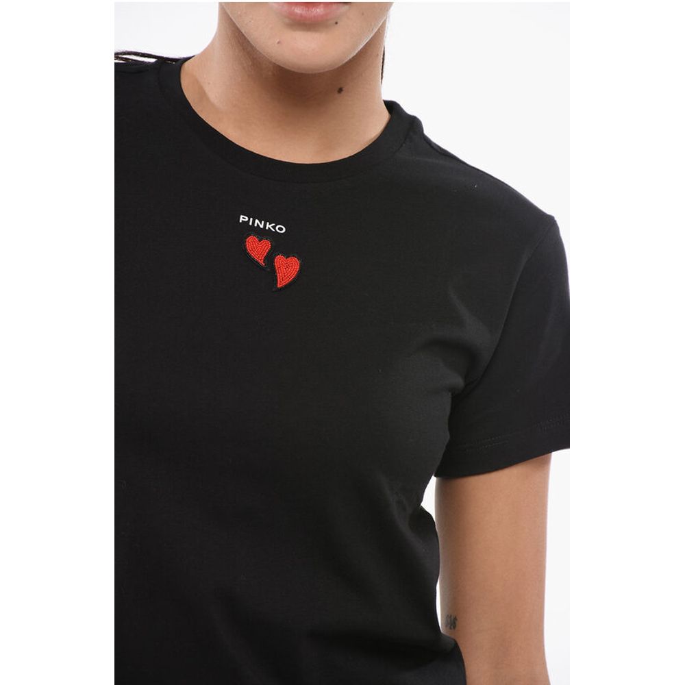 PINKO Cotton Crew-neck TRAPANI T-shirt with Contrasting Hearts - Image 3