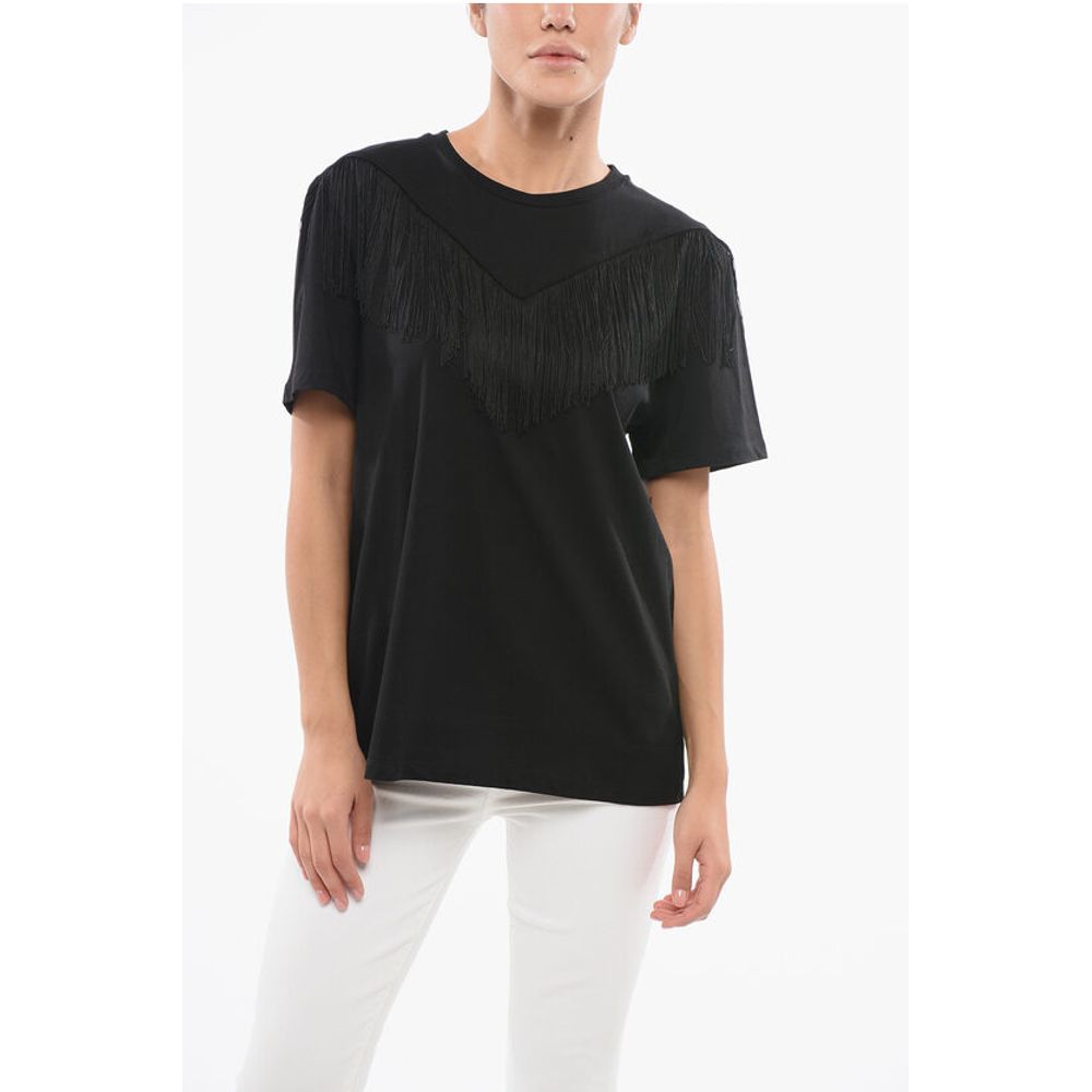 PINKO Cotton UNDER WORLD Crew-neck T-shirt with Fringes