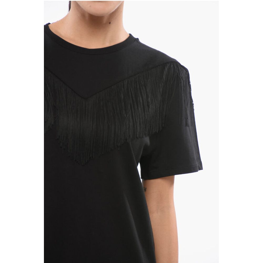 PINKO Cotton UNDER WORLD Crew-neck T-shirt with Fringes - Image 3