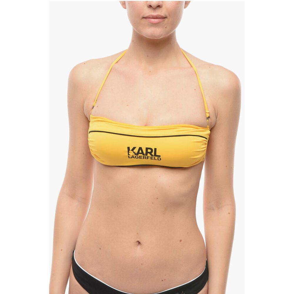 Karl Lagerfeld Solid Color Bandeau Bikini Top with Printed Contrasting Logo