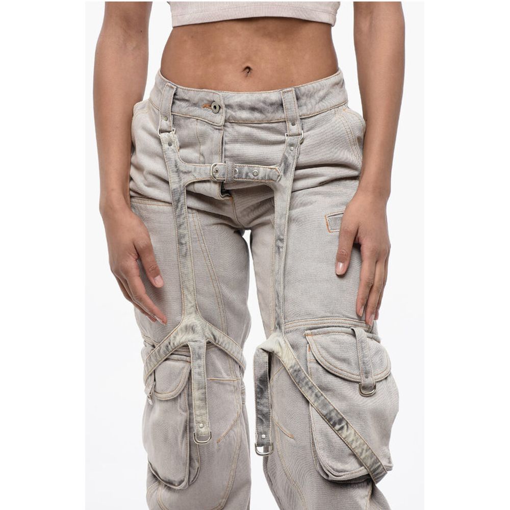 Off-White Bleached Effect Baggy Fit Cargo Pants with Harness-Style Det - Image 3