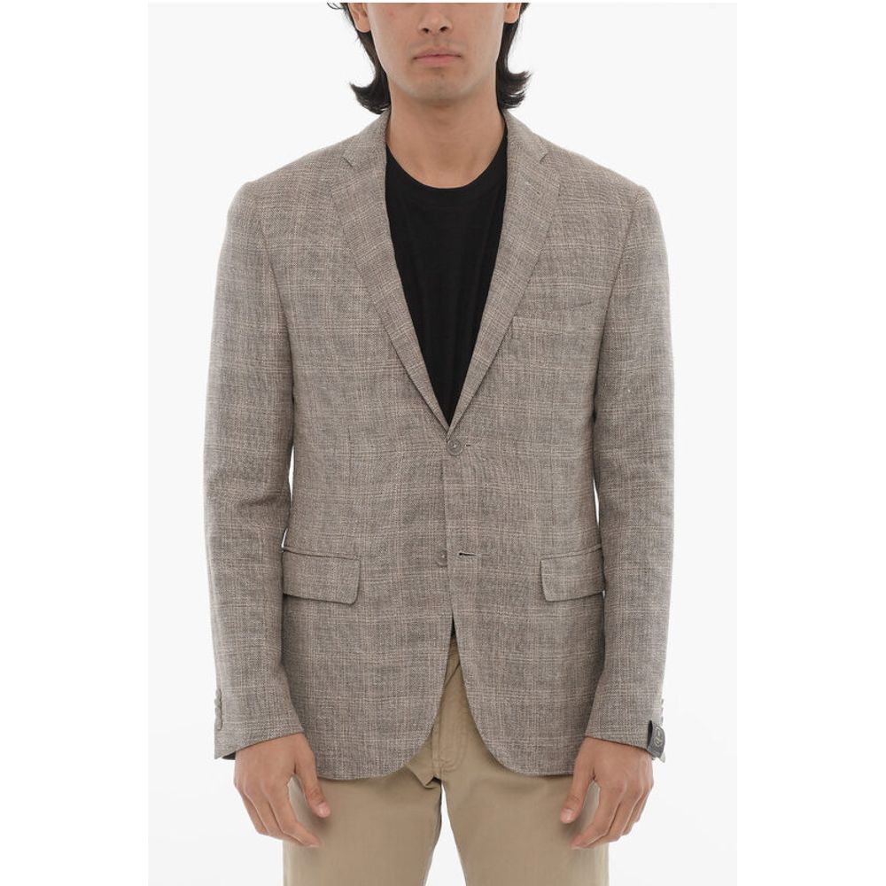 Corneliani Virgin Wool and Linen Half Lined 2-Buttons Blazer with Flap