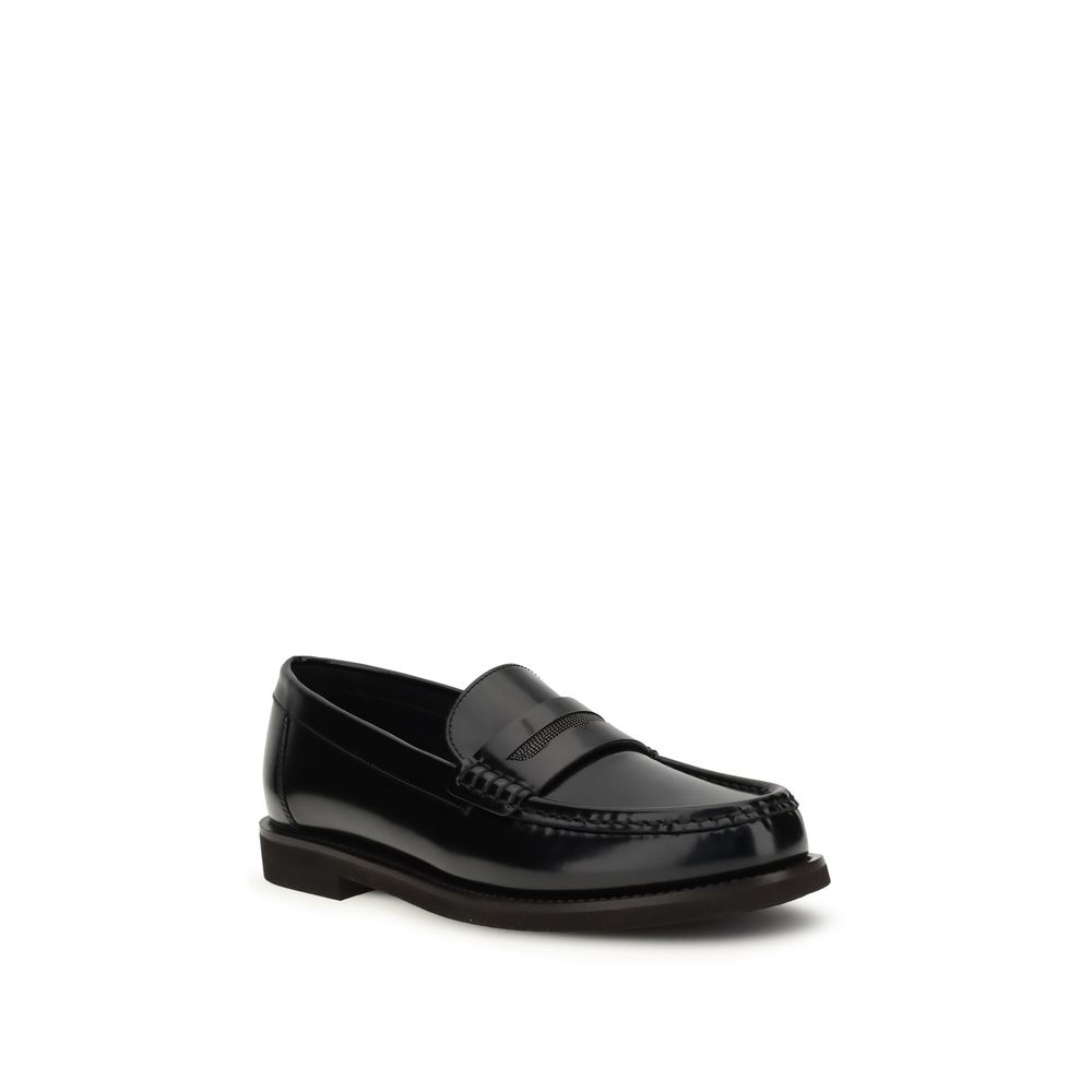 Brunello Cucinelli Black Leather Slip-On Loafers - Image 2