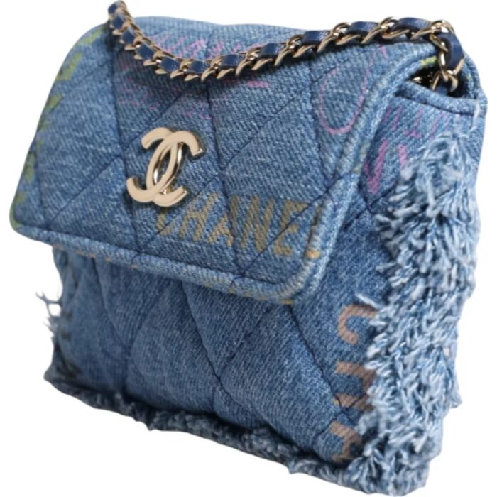Chanel Denim Mood Flap Micro Logo Printed Fringed Shoulder Bag - Image 3