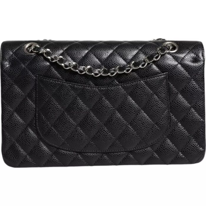 Chanel Black Caviar Medium Classic Double Flap Shoulder Quilted Silver Bag - Image 3