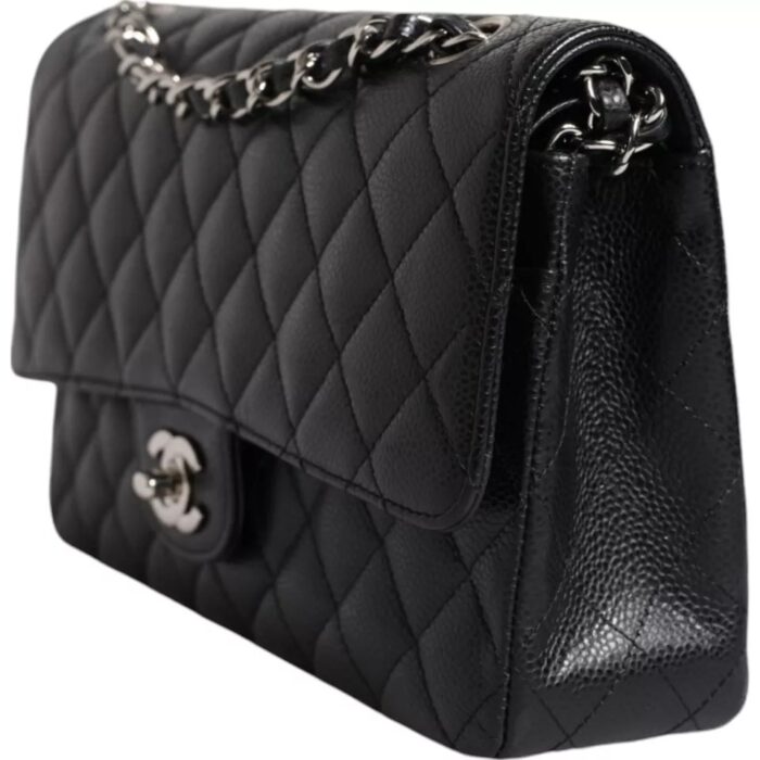Chanel Black Caviar Medium Classic Double Flap Shoulder Quilted Silver Bag - Image 2