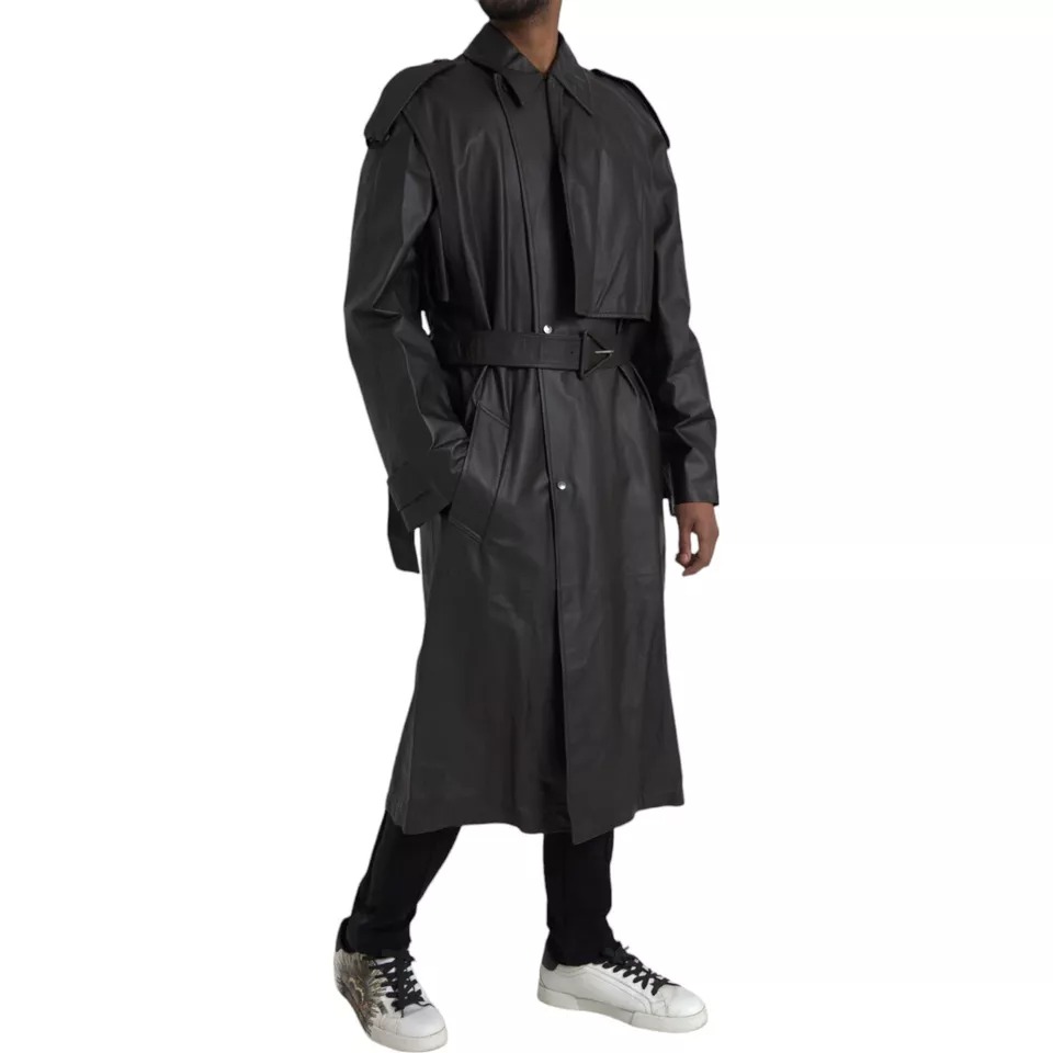 Bottega Veneta Black Leather Men Waterproof Trenchcoat Jacket - Image 2