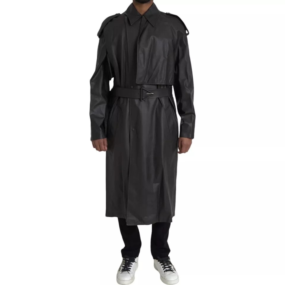 Bottega Veneta Black Leather Men Waterproof Trenchcoat Jacket - Image 3