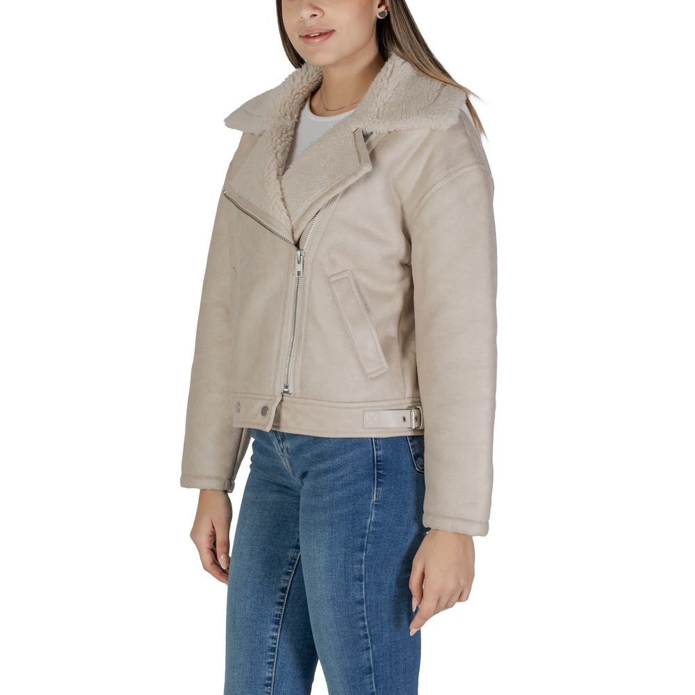 Vila Clothes Beige Artificial Leather Jackets & Coat - Image 4