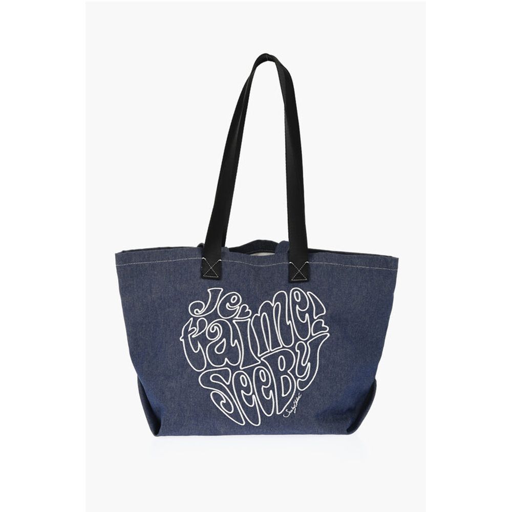 Chloé SEE BY Denim Tote Bag with Embossed Embroidery