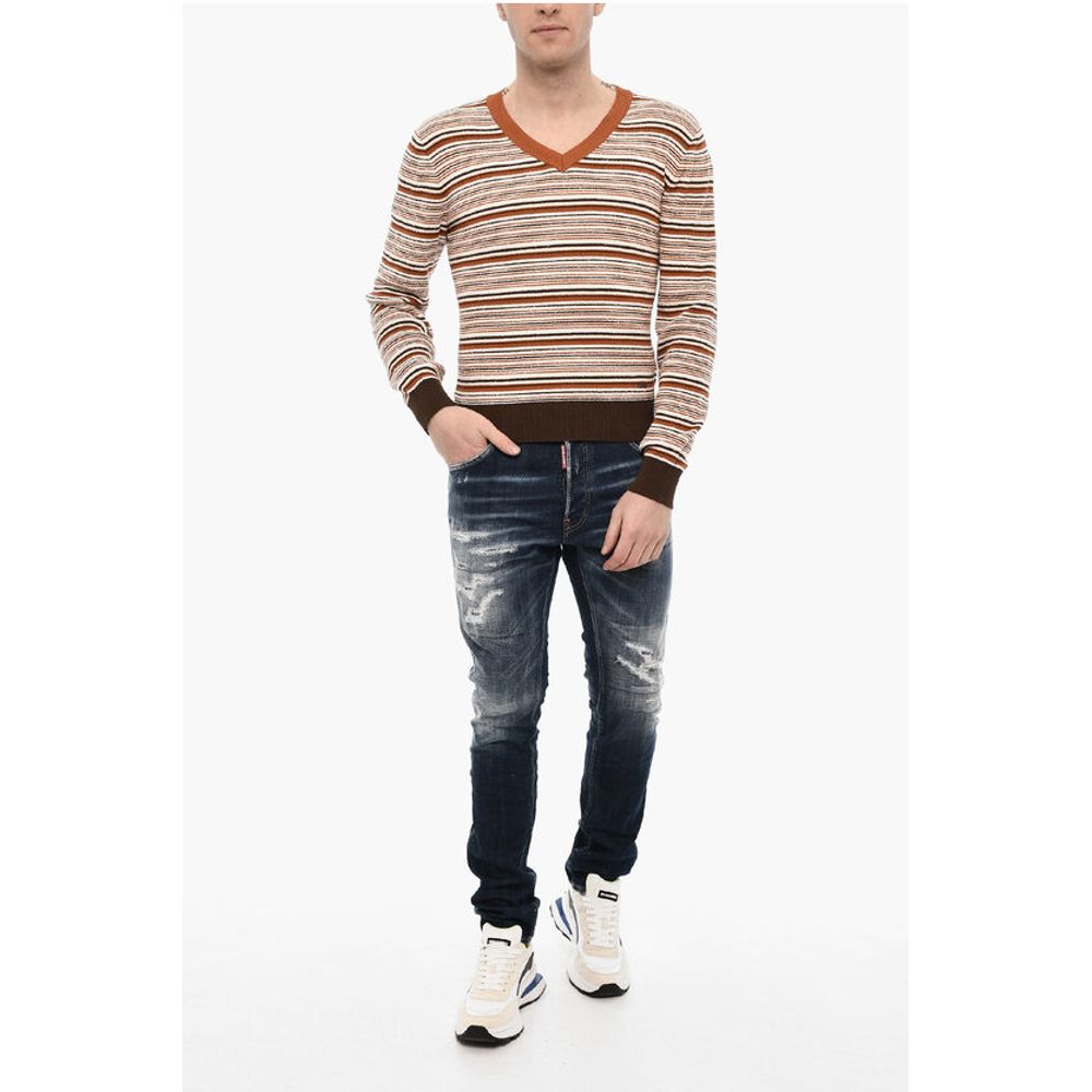 Dsquared² Striped Cotton Blend V-neck Sweater - Image 4