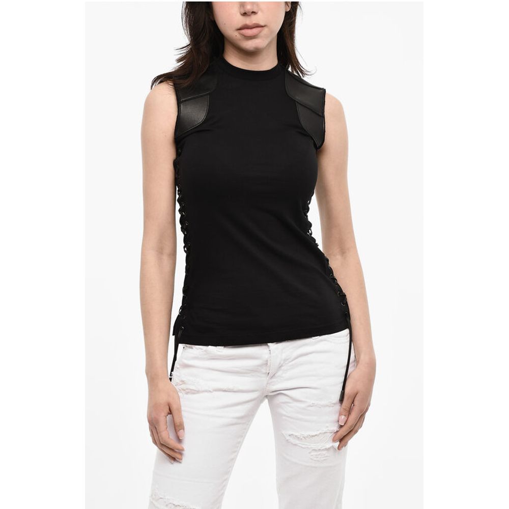 Dsquared² Lace Up Cotton Top With Faux Leather Details