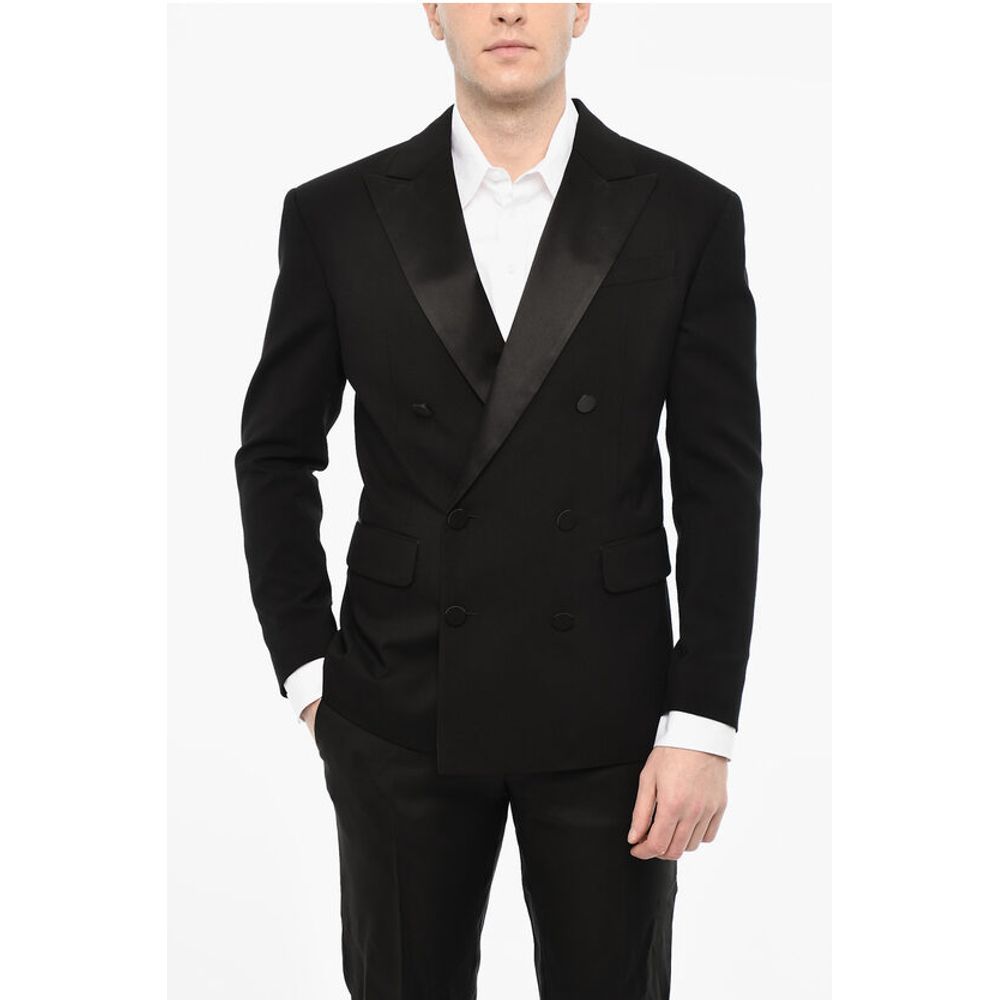 Dsquared² Wool Blend Double Breasted Blazer With Satin Peak Lapel