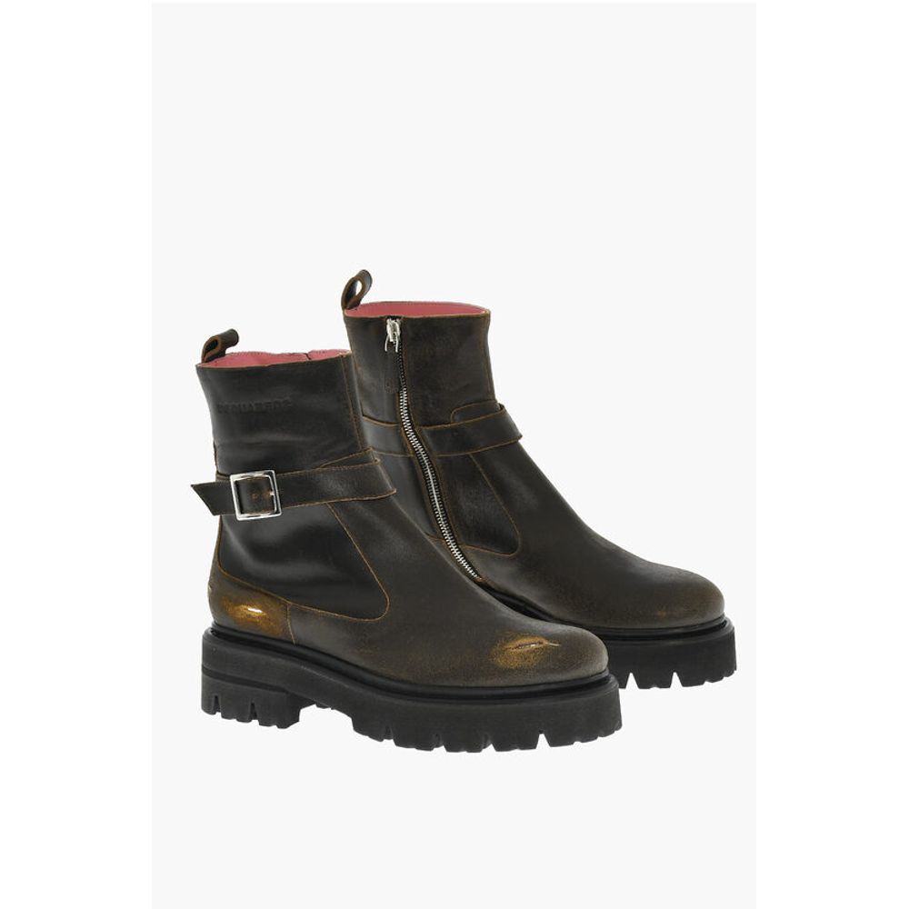 Dsquared² Vintage Effect Leather Combat Boots With Buckle