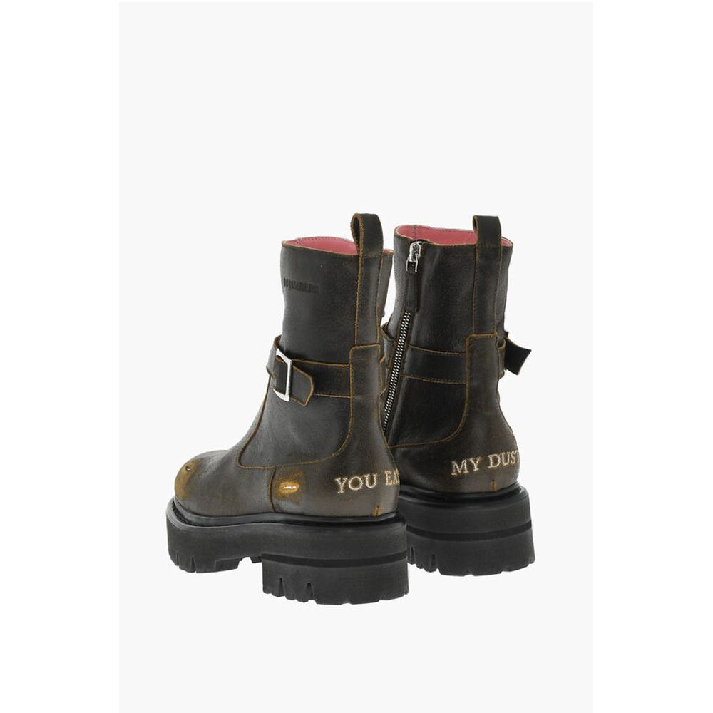 Dsquared² Vintage Effect Leather Combat Boots With Buckle - Image 2