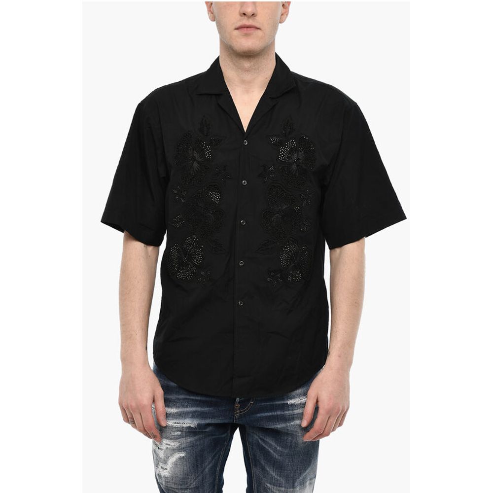 Dsquared² Floral-Motif Short Sleeve Shirt with Rhinestone