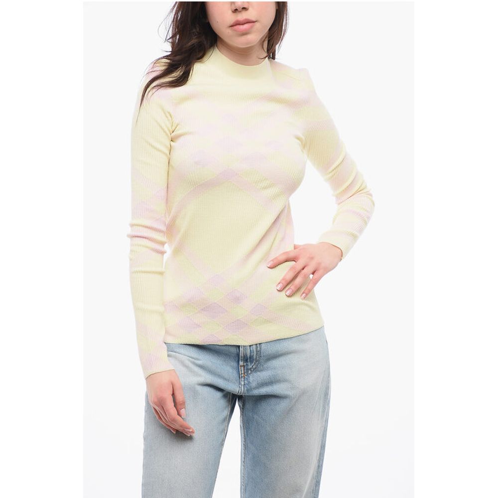 Burberry Crew Neck Ribbed Wool Blend Sweater with Tartan Motif