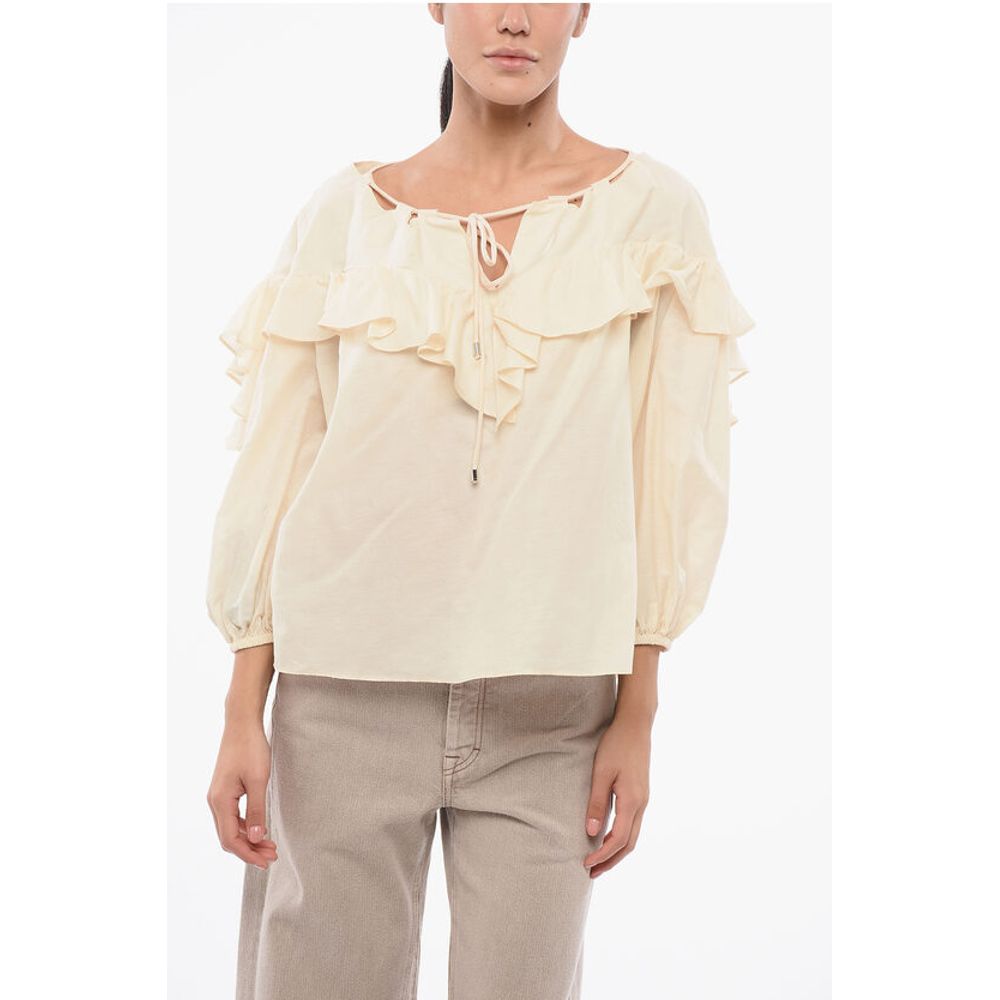 PINKO Solid Color Cotton and Silk BONES Blouse with Ruffles