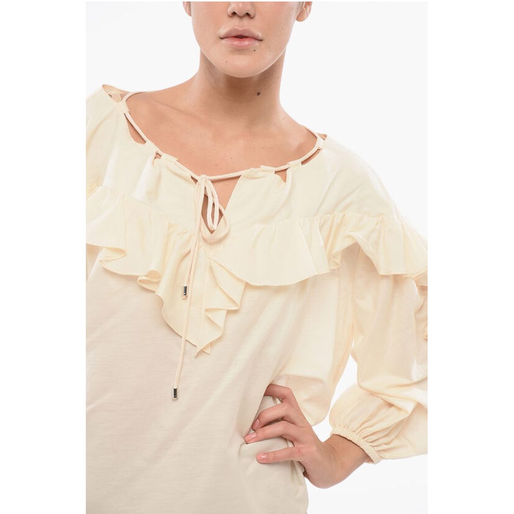 PINKO Solid Color Cotton and Silk BONES Blouse with Ruffles - Image 3
