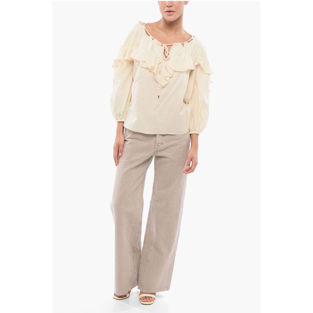PINKO Solid Color Cotton and Silk BONES Blouse with Ruffles - Image 4