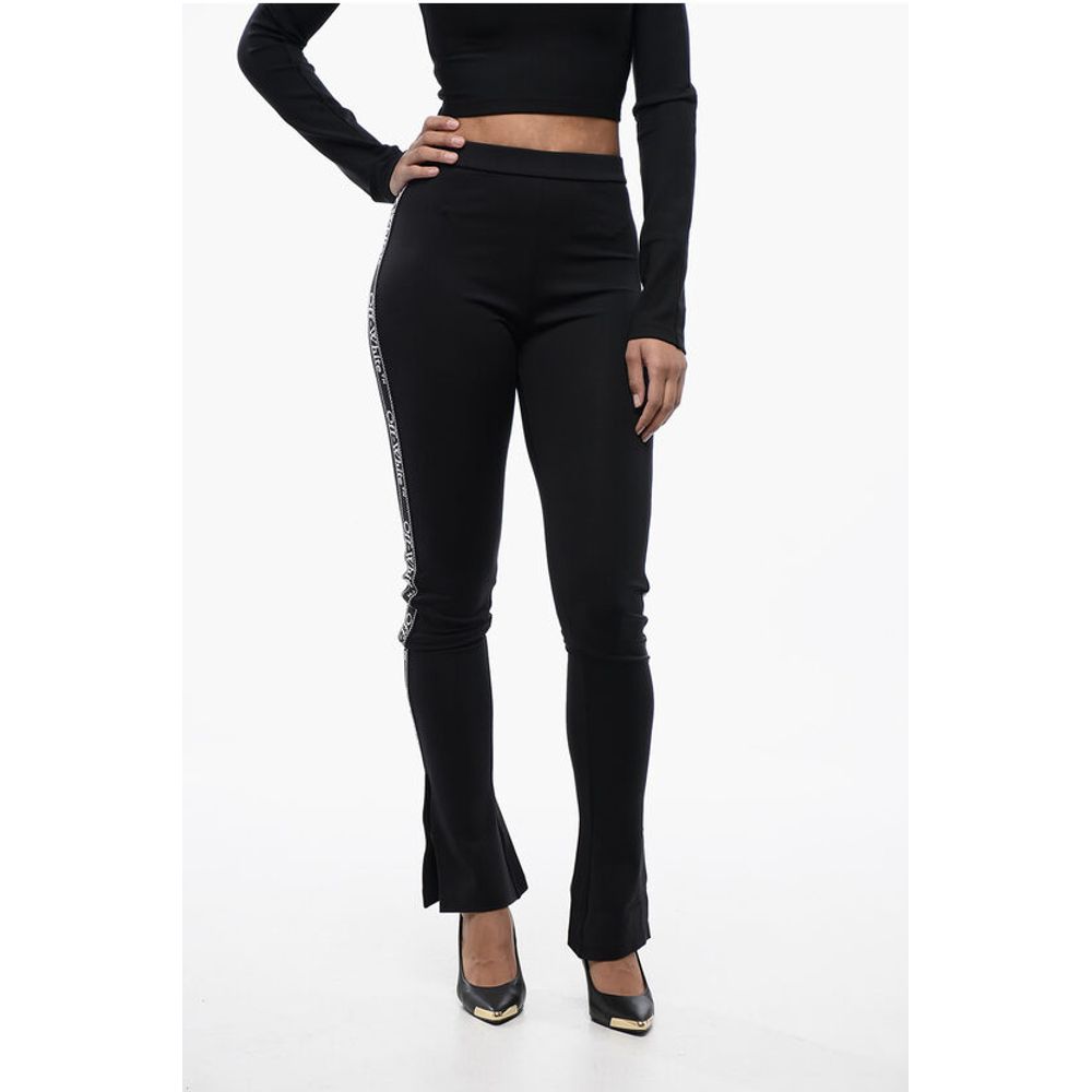 Off-White Solid Color Leggings with Side Logoed Band and Ankle Slit