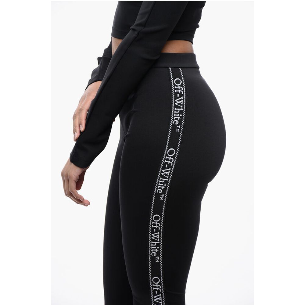 Off-White Solid Color Leggings with Side Logoed Band and Ankle Slit - Image 3