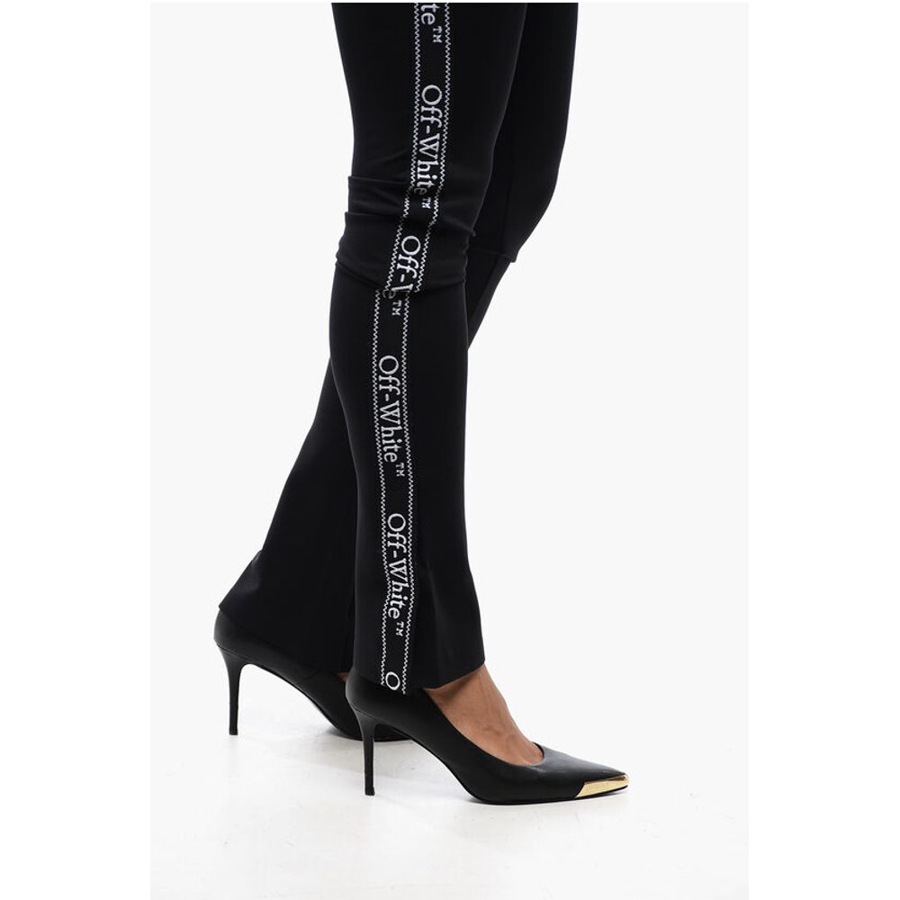 Off-White Solid Color Leggings with Side Logoed Band and Ankle Slit - Image 4
