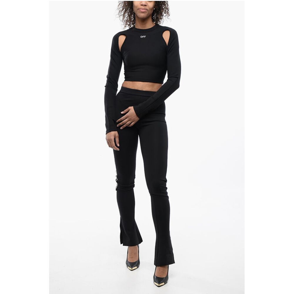 Off-White Solid Color Leggings with Side Logoed Band and Ankle Slit - Image 5