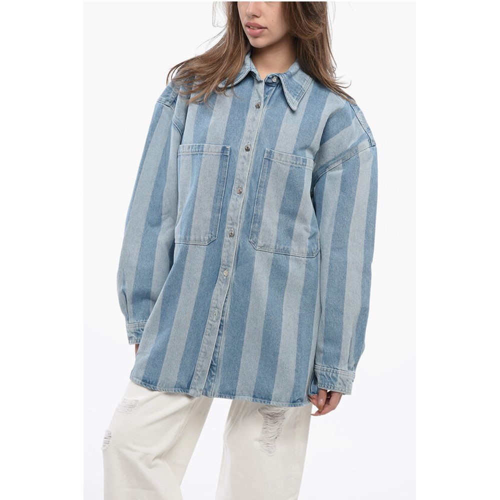 Nanushka Awning Striped Denim BEAUX Overshirt with Logo Buttons