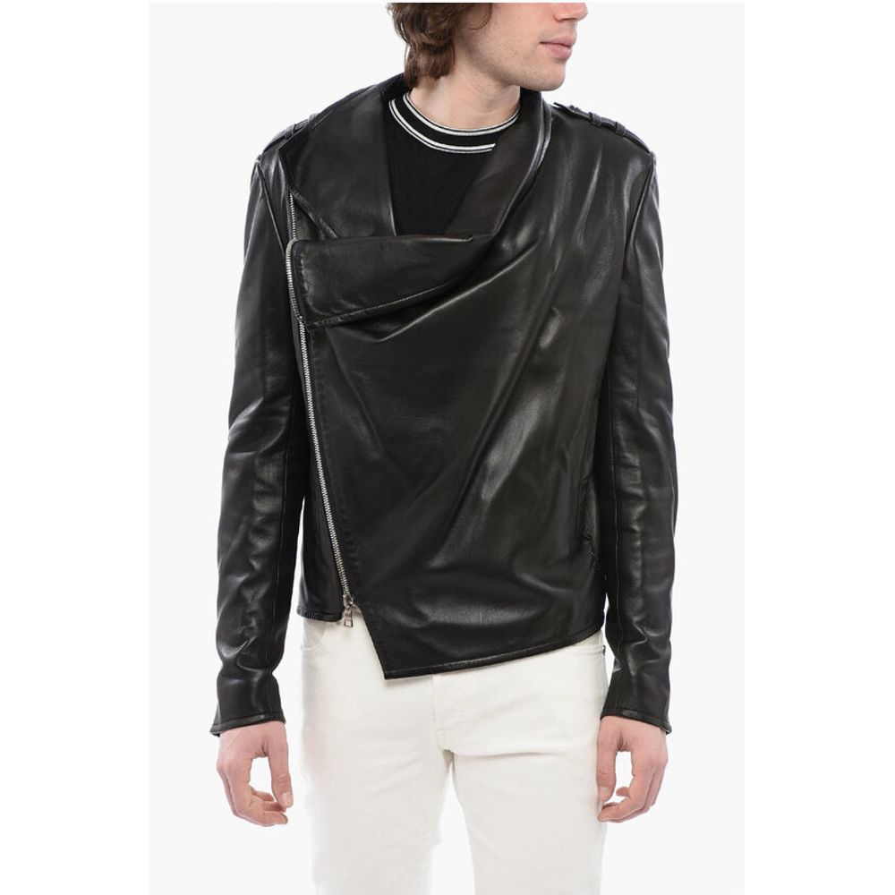 Balmain Front Draped Leather Jacket with Decentralized ZIp