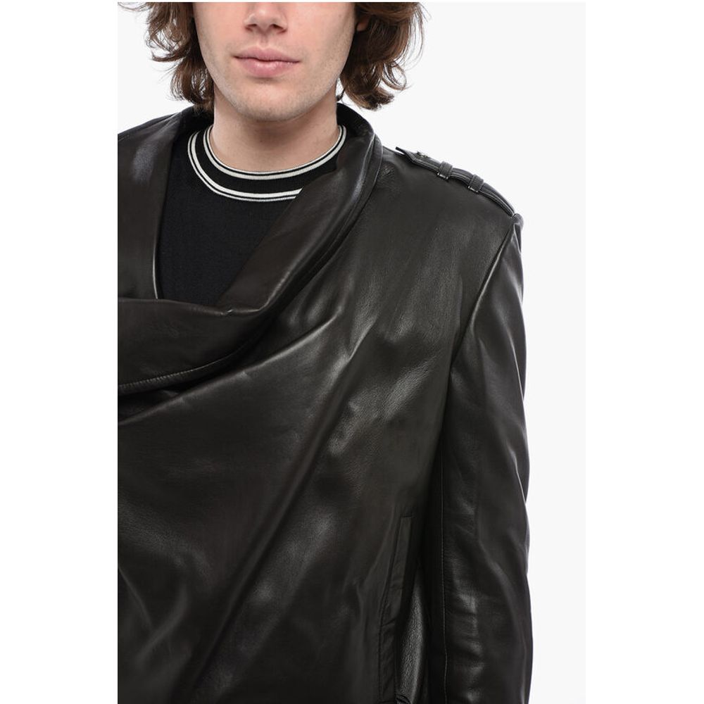 Balmain Front Draped Leather Jacket with Decentralized ZIp - Image 3