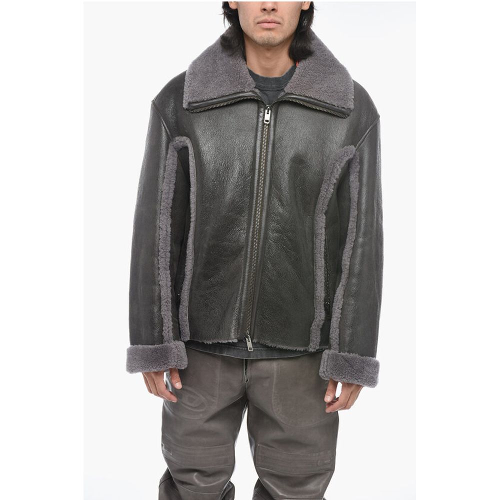 Diesel Vintage Effect Leather L-BROWNY Oversized Jacket with Fur De