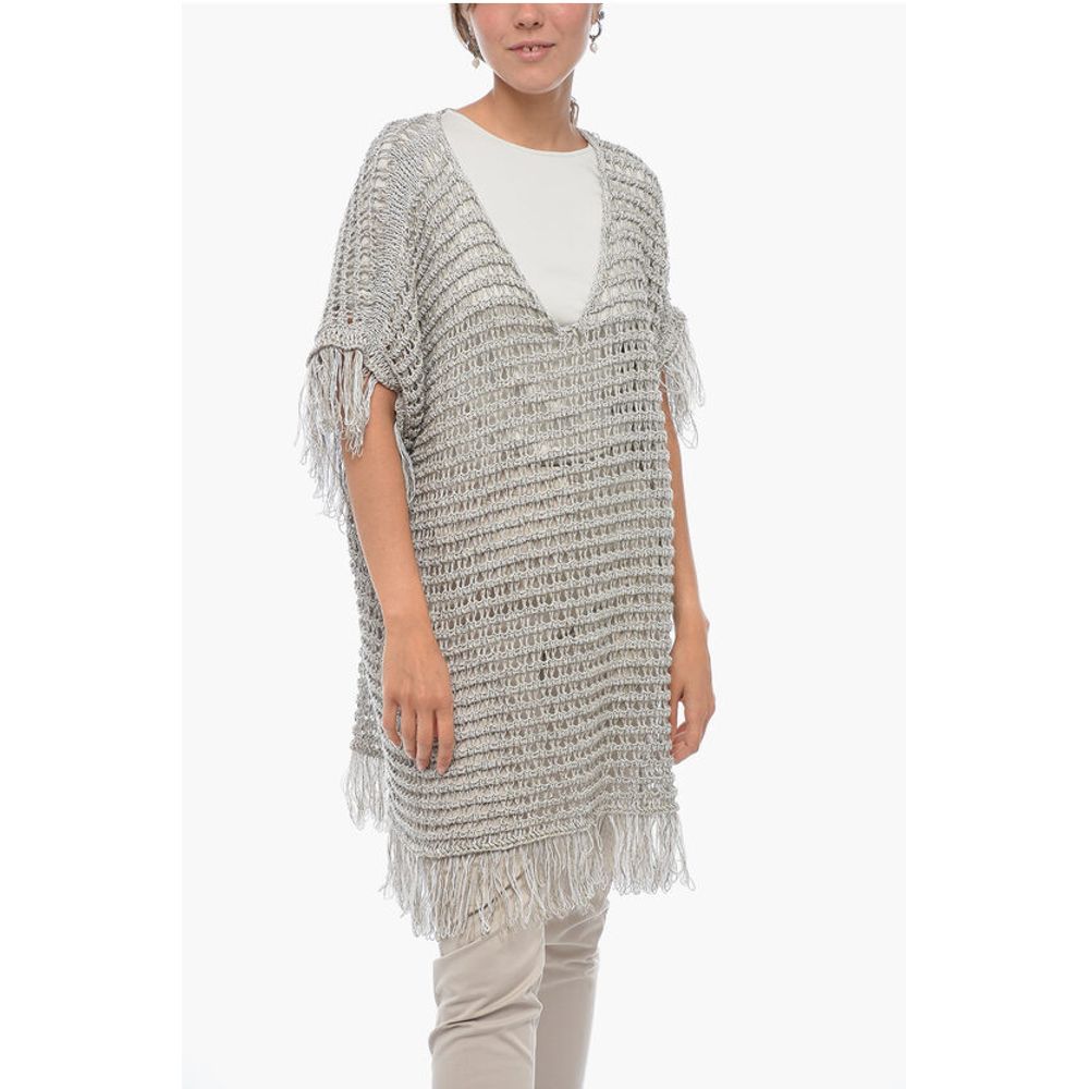 Fabiana Filippi Short-sleeved Flax Blend Crochet Sweater with Fringes