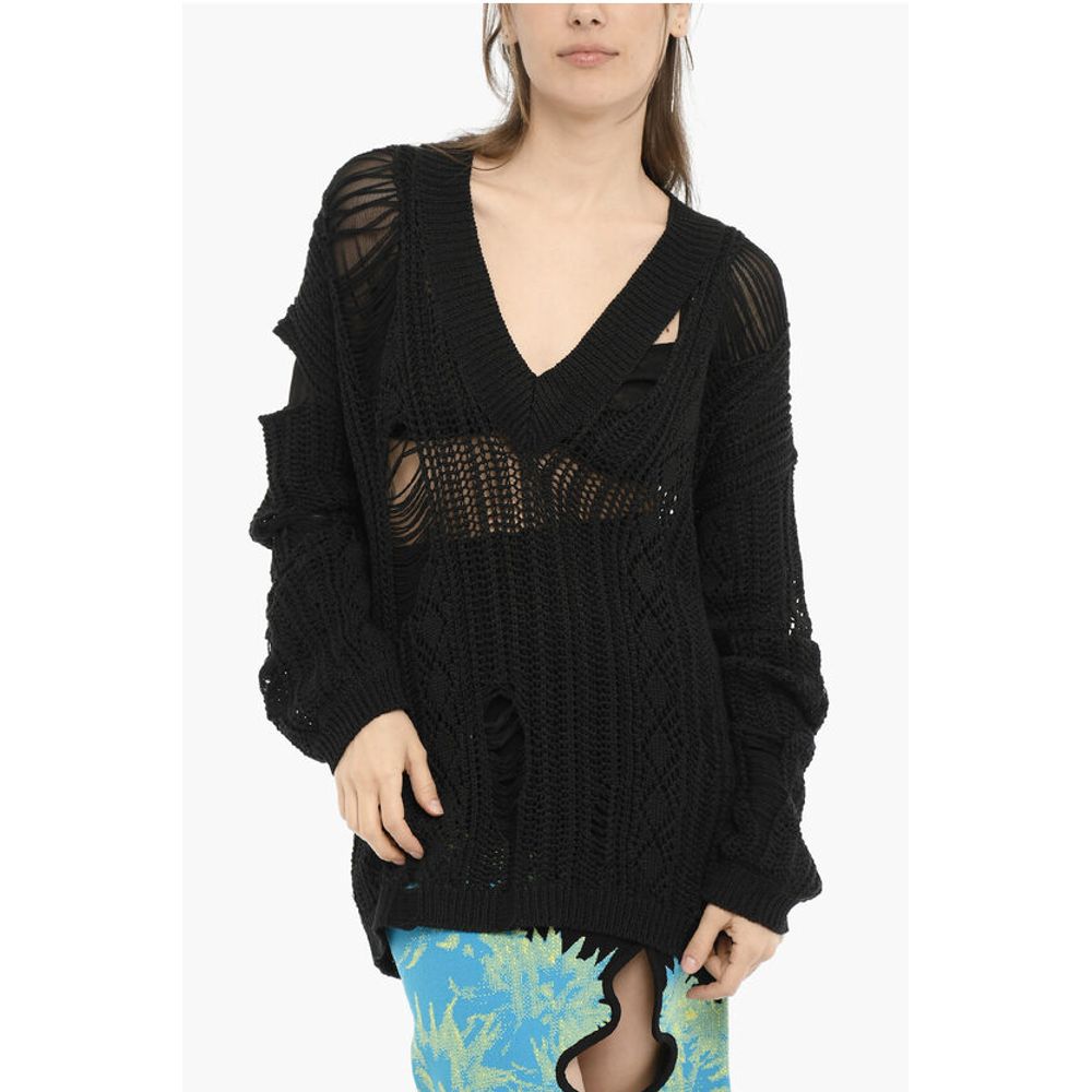 Perforated V-Neck Maxi Sweater With Cut-Out Details