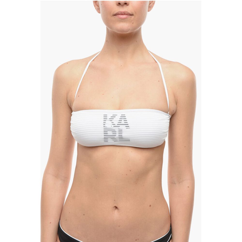 Karl Lagerfeld Solid Color Bandeau Bikini Top with Printed Contrasting Logo