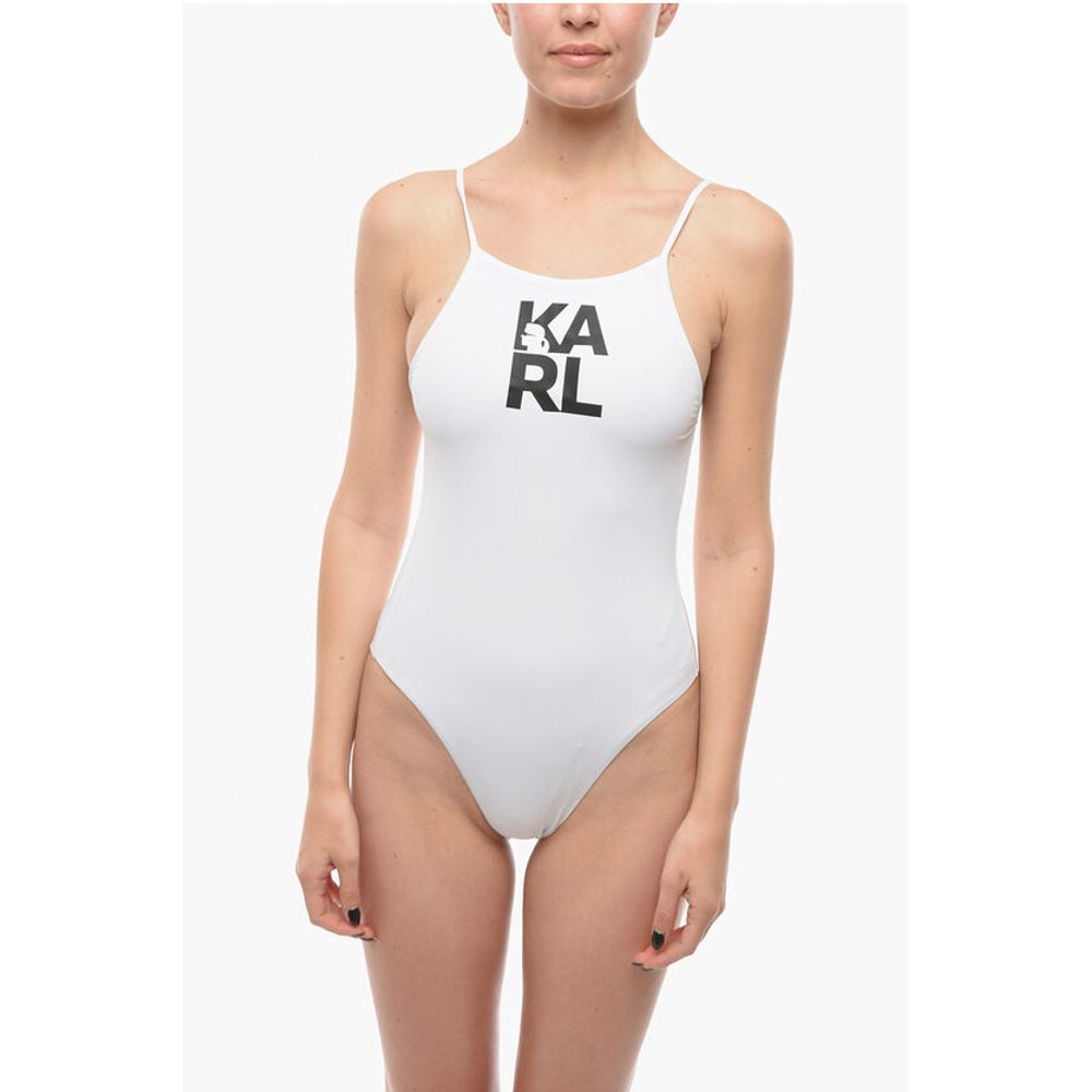 Karl Lagerfeld Solid Color One-Piece Swimsuit with Printed Logo