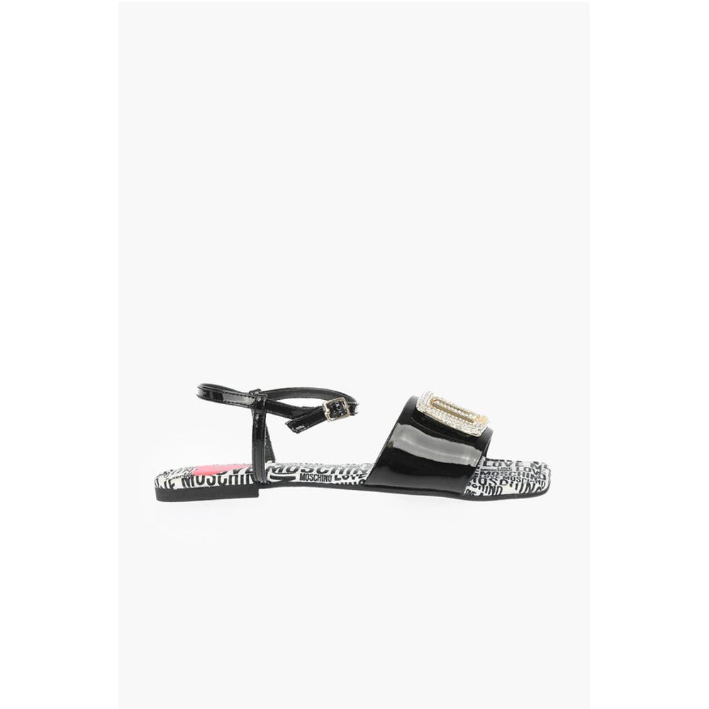 Moschino LOVE Patent Leather Flat Sandals with Logoed Jewel Detail - Image 3