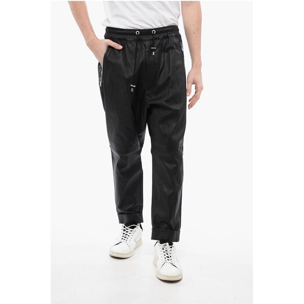 Balmain Low-Crotch Leather Pants with Cuffs