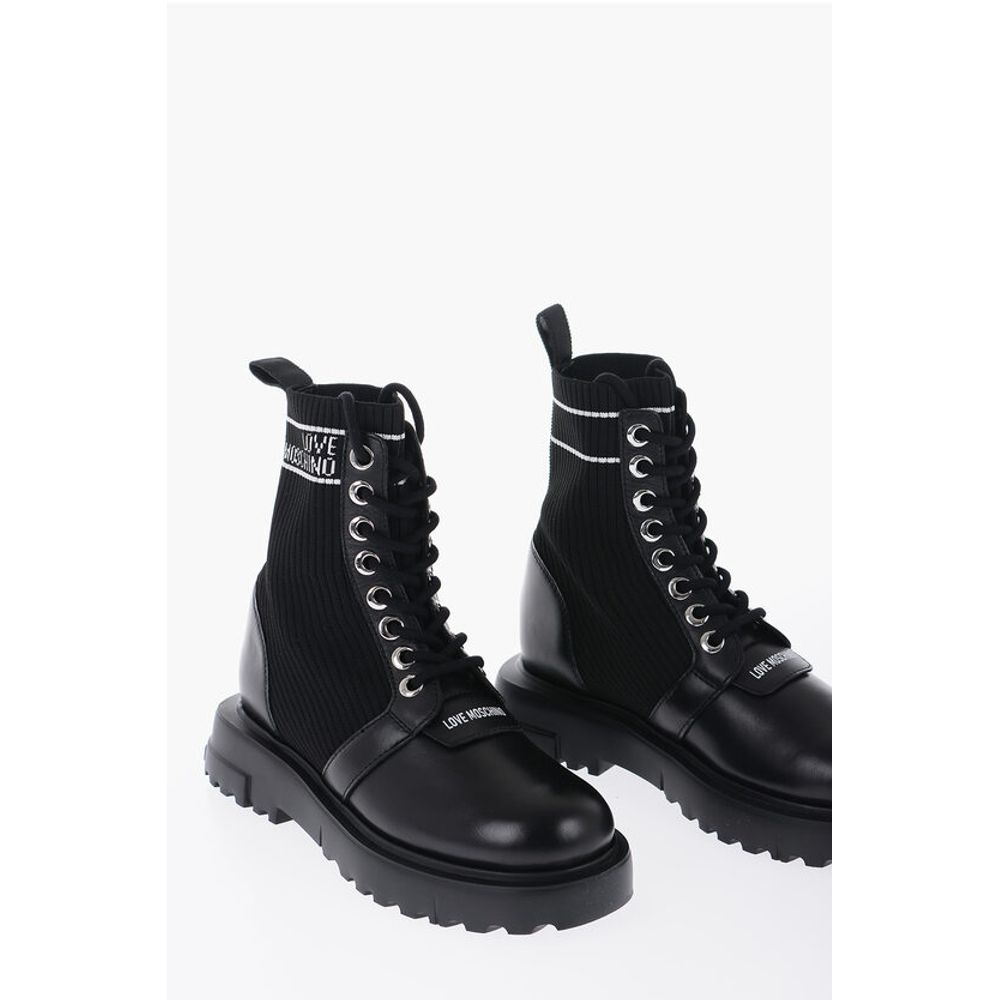 Moschino LOVE Leather and Fabric Combat Boots with Contrasting Detail