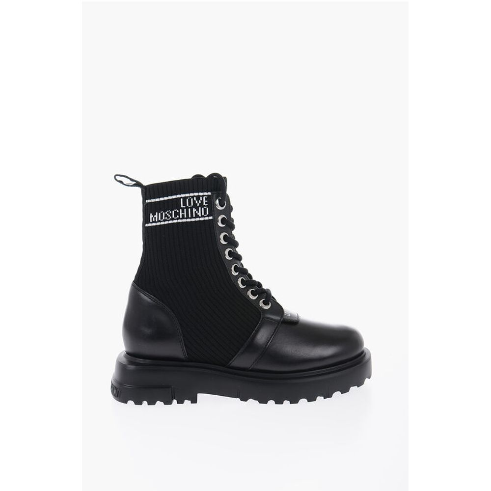 Moschino LOVE Leather and Fabric Combat Boots with Contrasting Detail - Image 3