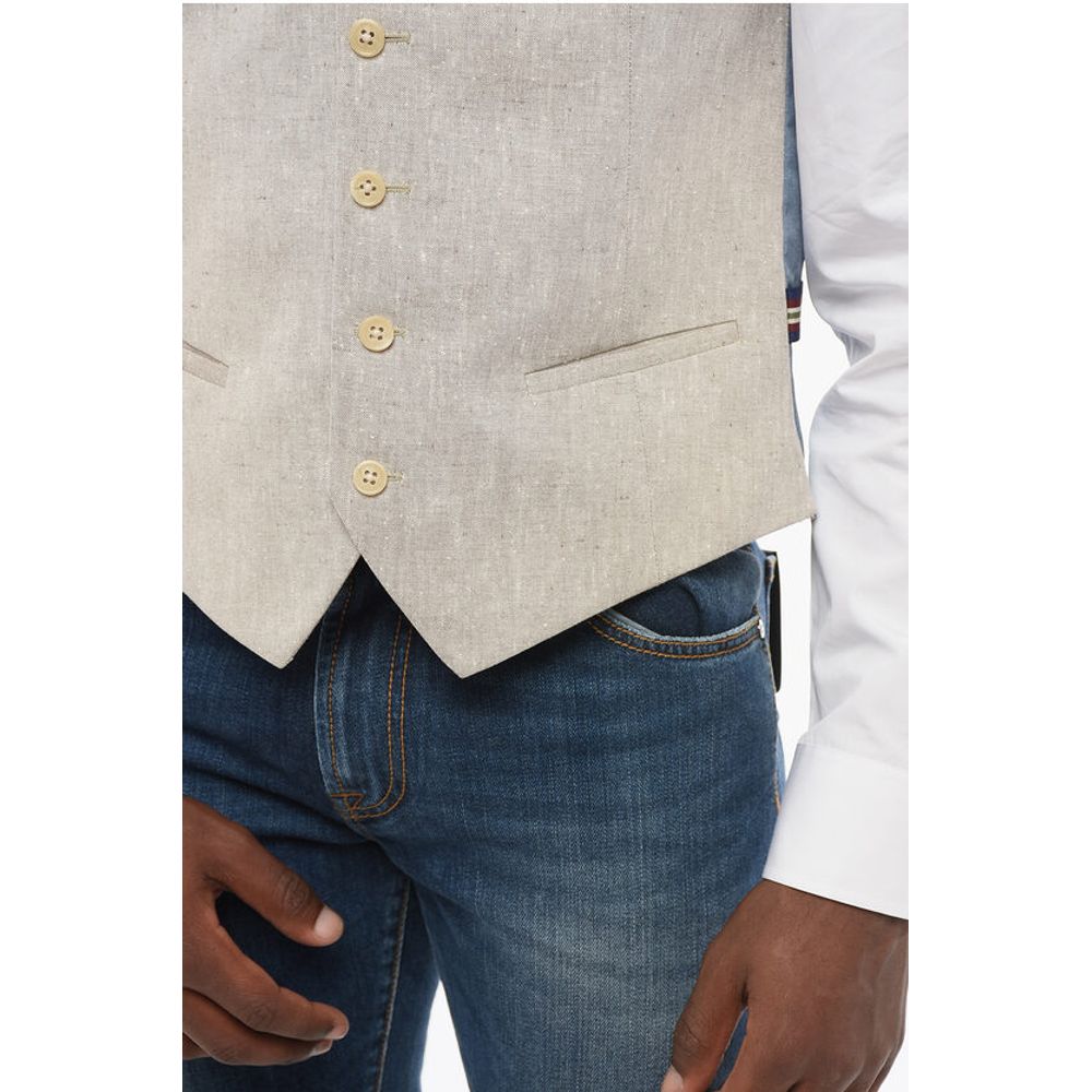 Corneliani C COLLECTION 5 Buttons Linen Blend Vest With Jetted Pockets - Image 3