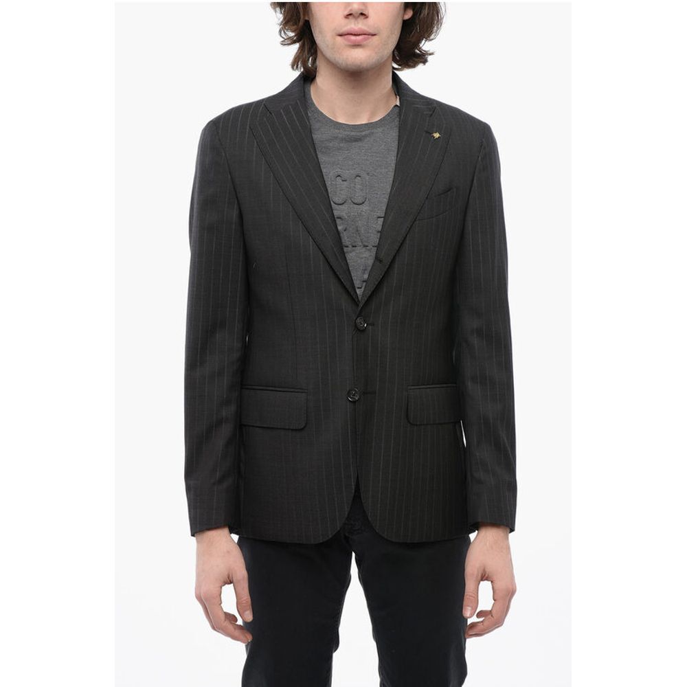 Corneliani CC COLLECTION Pinstriped Side Vents Notch Lapel 3-Button Bla