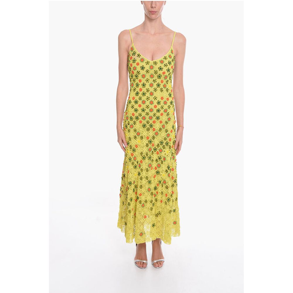 Bottega Veneta Viscose-crochet Flared Dress with Beaded Floral Motif