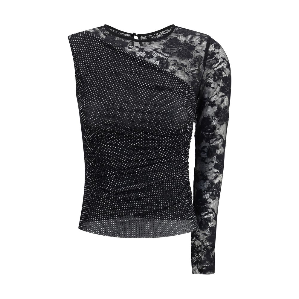 Self-Portrait One-shoulder lace and rhinestone Top