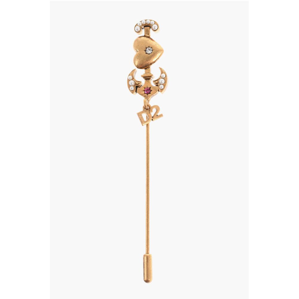 Dsquared² Golden Effect Metal Pin Embellished with Rhinestones and Bea