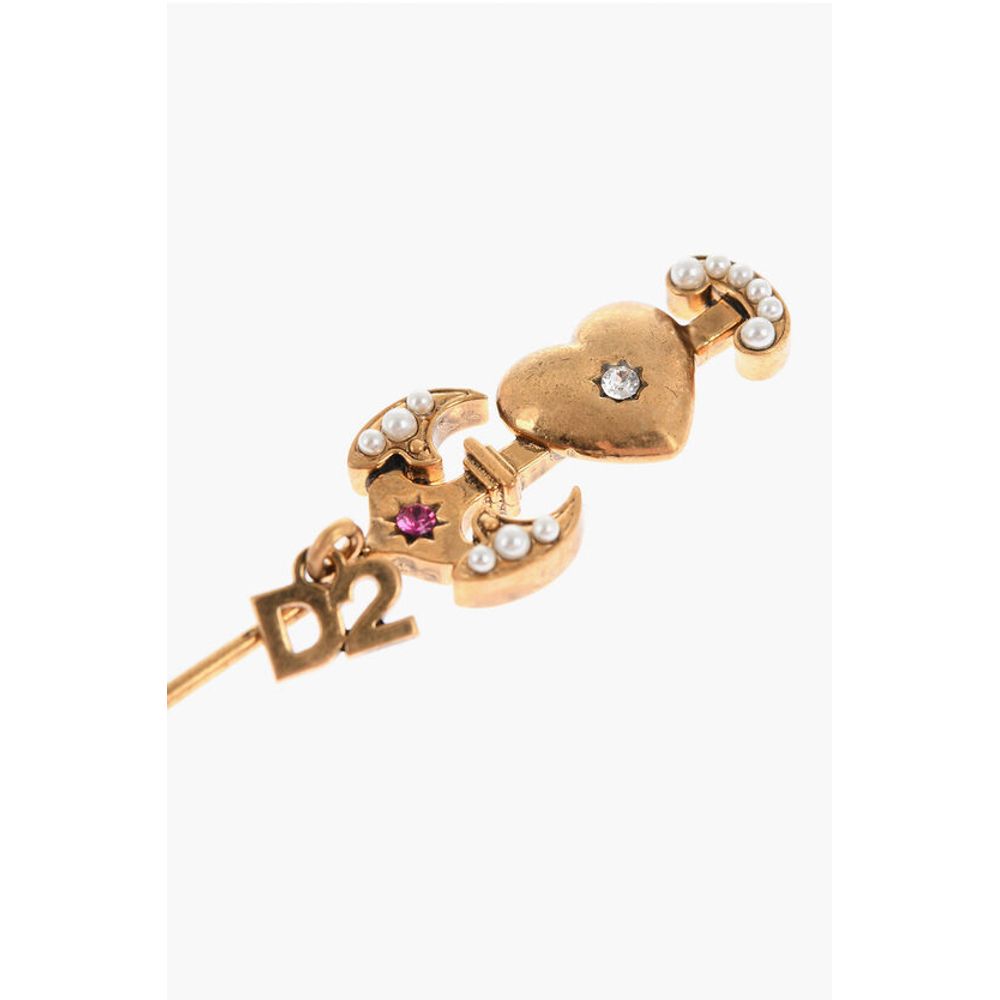 Dsquared² Golden Effect Metal Pin Embellished with Rhinestones and Bea - Image 2