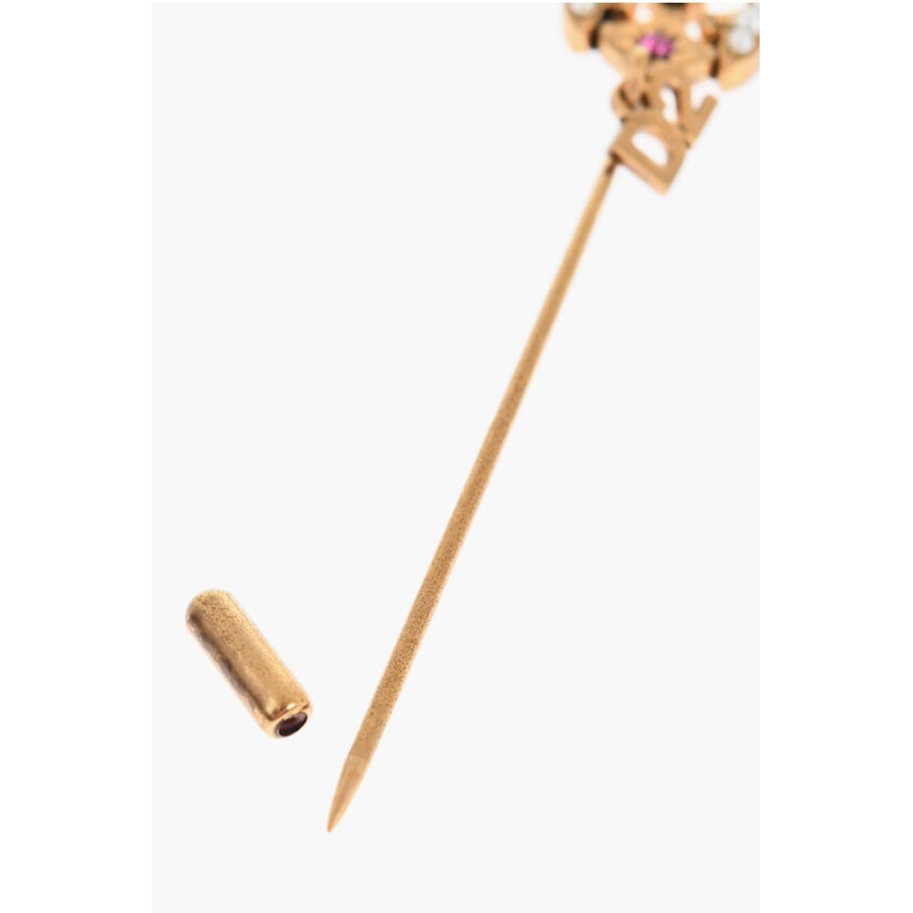 Dsquared² Golden Effect Metal Pin Embellished with Rhinestones and Bea - Image 3