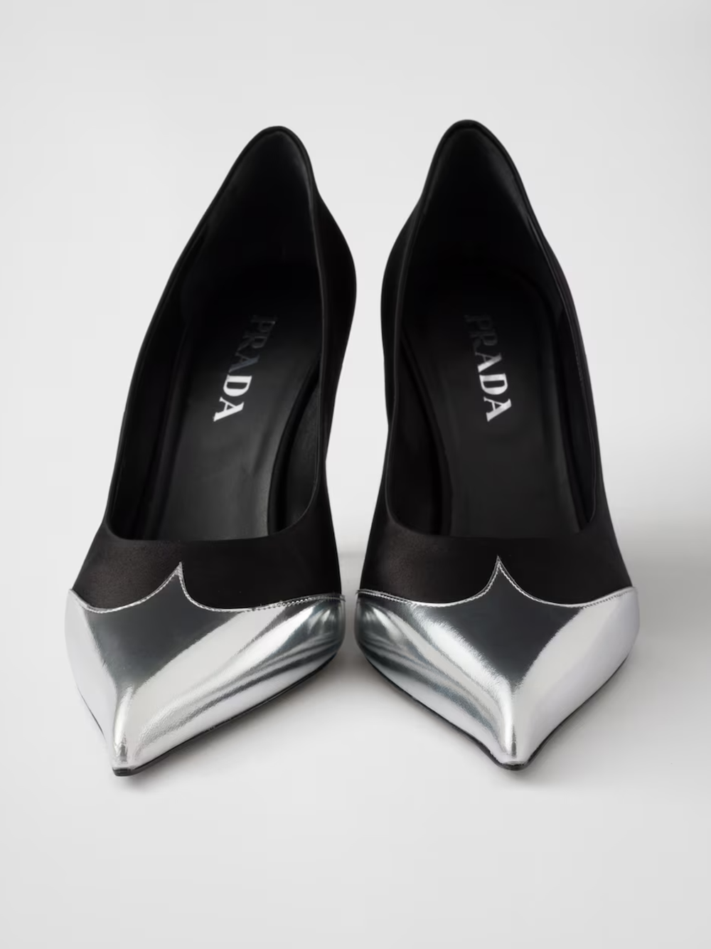 Prada Black Satin And Metallic Silver Leather Pumps - Image 6